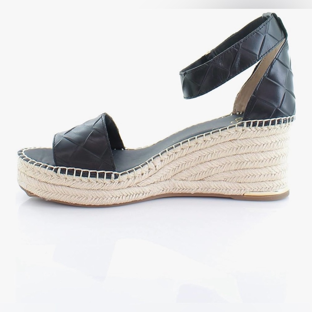Franco Sarto Clemens Espadrille Wedge Sandals Black Leather Woven Strap Jute, 8 - Picture 5 of 11